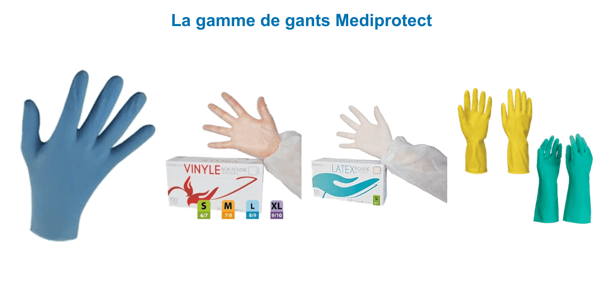 Gamme de gants Mediprotect : gants nitrile bleu non poudré, gants vinyle transparent, gants latex non poudré et gant de ménage