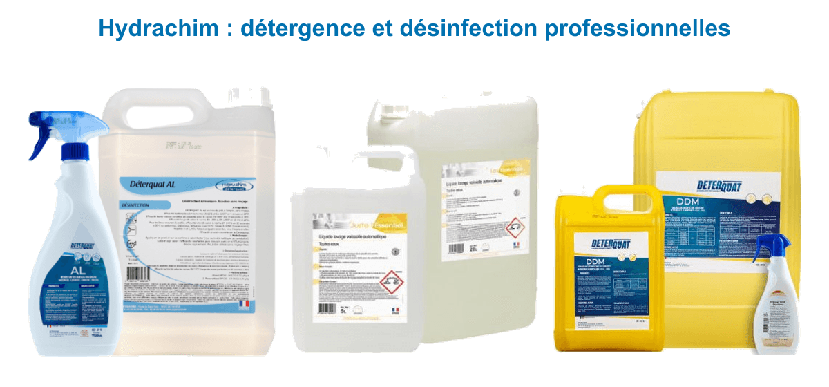 Gamme Hydrachim de détergence et désinfection professionnelles : Deterquat AL, liquide lave-vaisselle, Deterquat DDM