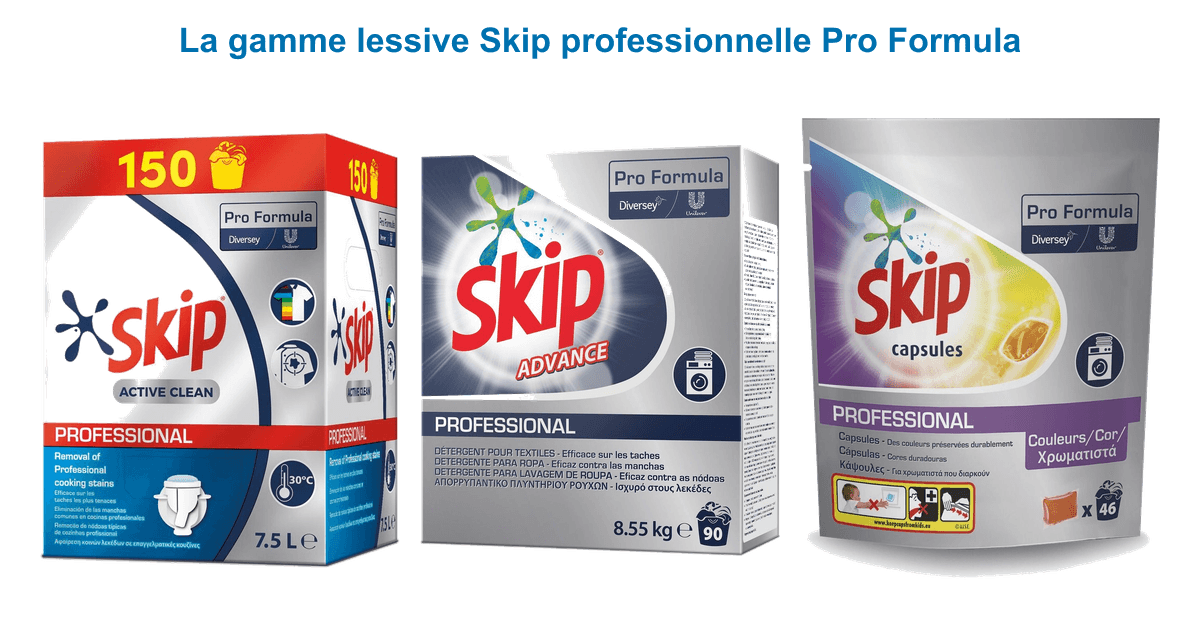 Gamme lessive Skip professionnelle Pro Formula : liquide Active Clean, poudre Advance et capsules