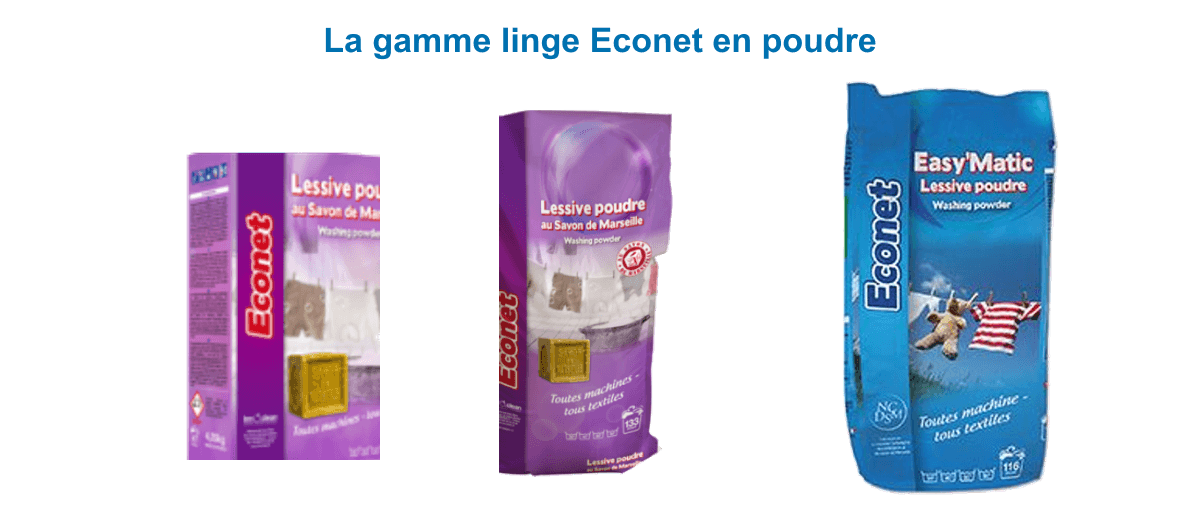 Gamme linge Econet : lessive poudre au Savon de Marseille en boîte et sac, et lessive poudre Easy'Matic tous textiles