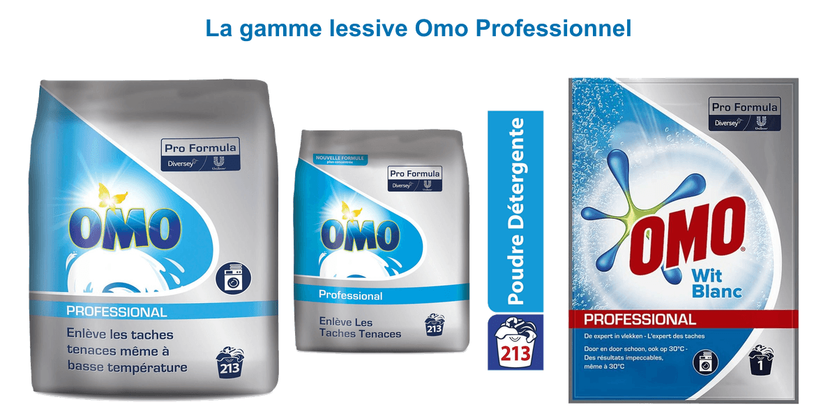 Gamme lessive Omo Professionnel Pro Formula : poudre détergente sac 213 lavages 17,1 kg et dosette Blanc 100 g
