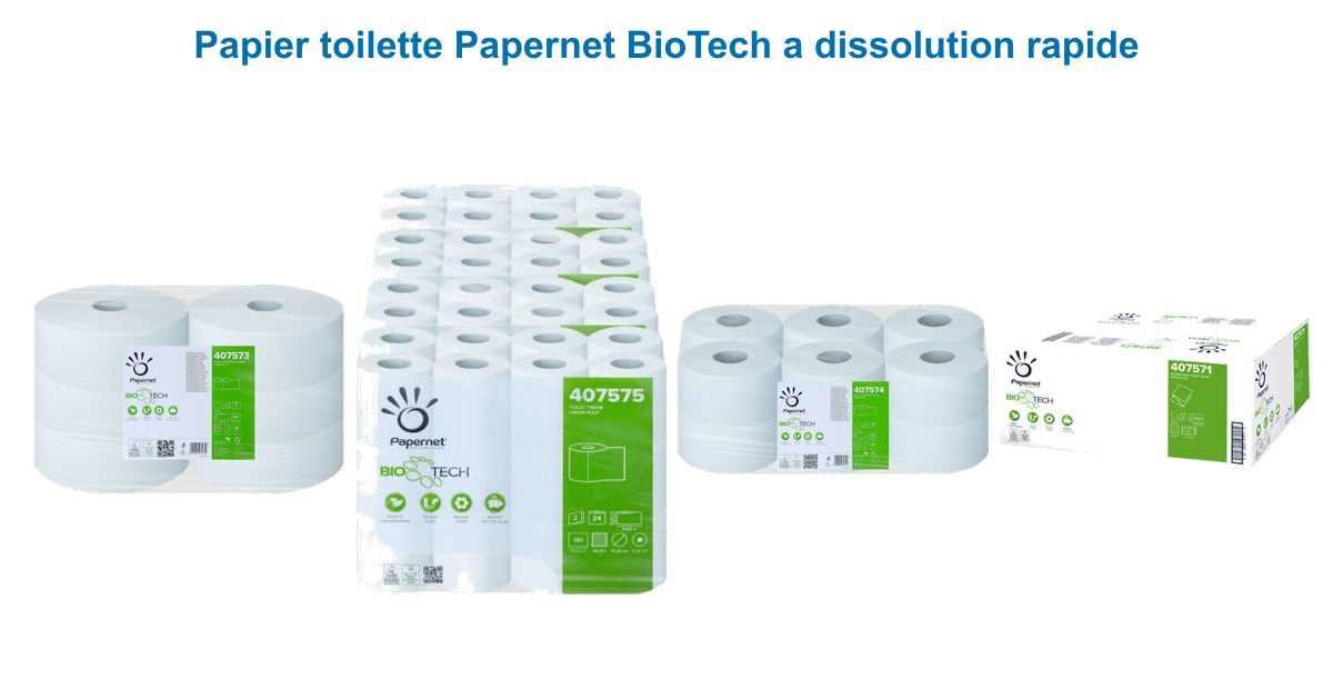 Gamme papier toilette Papernet BioTech : maxi jumbo, rouleaux conventionnels, mini jumbo et feuille à feuille à dissolution rapide