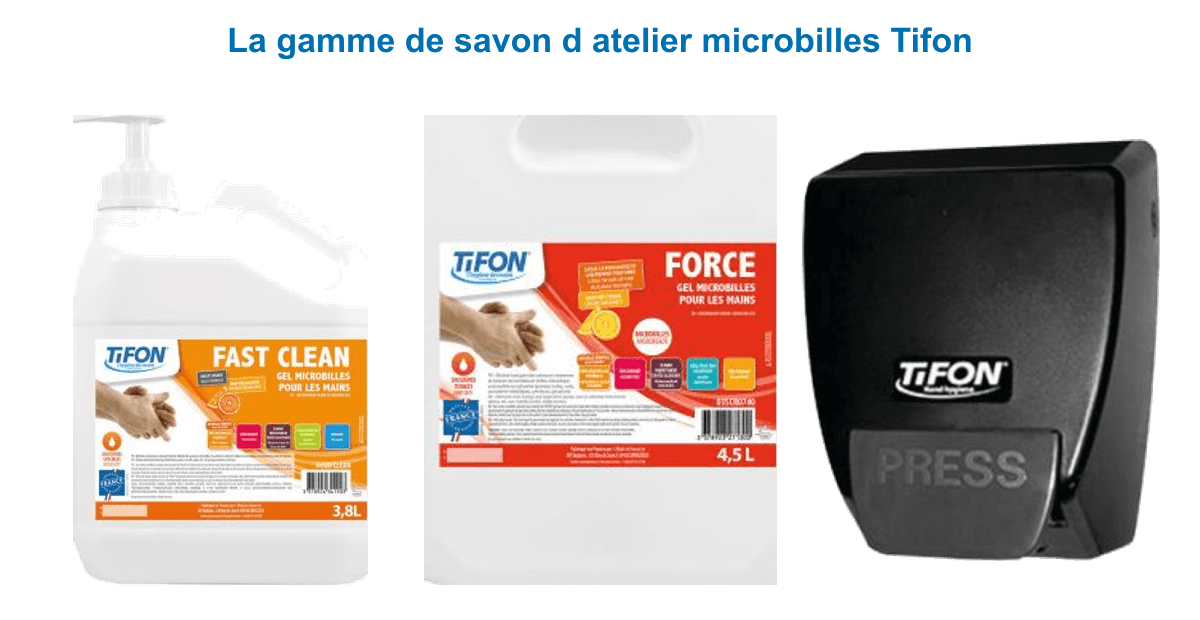 Gamme savon d'atelier microbilles Tifon : gel mains Fast Clean 3,8 L, gel Force 4,5 L et distributeur mural noir