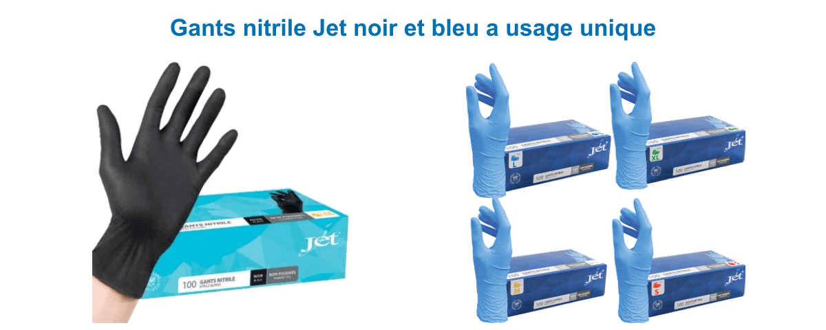 Gants nitrile Jet noir Black et bleu non poudrés à usage unique en boîte de 100