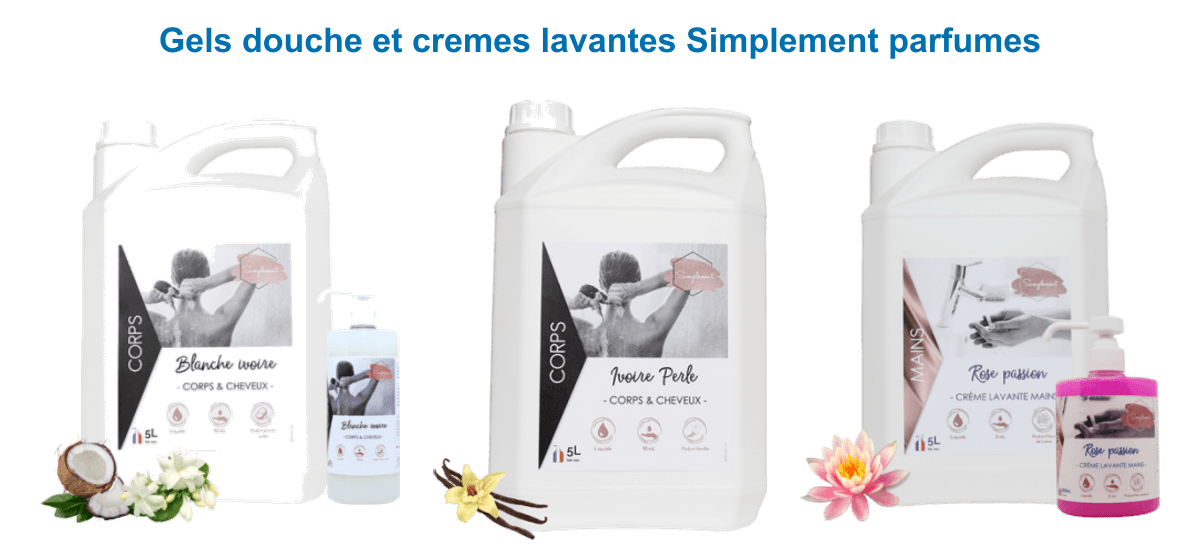Gels douche corps et cheveux et crèmes lavantes mains Simplement parfumés : Jasmin Coco, Vanille et Fleur de lotus