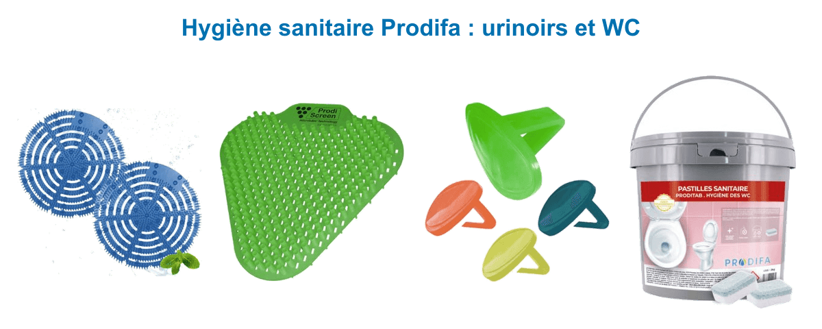 Hygiène sanitaire Prodifa : grille et écran d'urinoir anti-éclaboussures parfumés, clips désodorisants Prodifresh et pastilles WC Proditab
