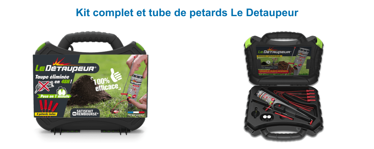 Kit complet Le Détaupeur avec 4 pétards inclus et coffret ouvert montrant le tube de pétards, le palpeur et les tiges