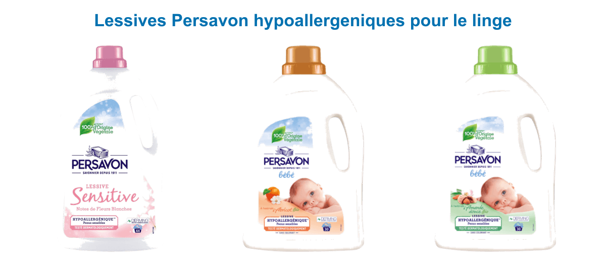 Lessives Persavon hypoallergéniques : Sensitive Notes de Fleurs Blanches, bébé abricot bio et bébé amande douce bio