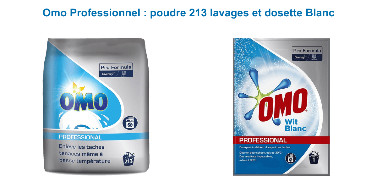 Lessive Omo Professionnel en poudre : sac 213 lavages 17,1 kg et dosette unidose Blanc 100 g au label Pro Formula