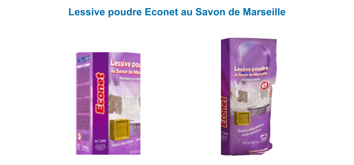 Lessive en poudre Econet au Savon de Marseille en boîte 4 kg et sac 20 kg, sans phosphate, pour machines semi-professionnelles