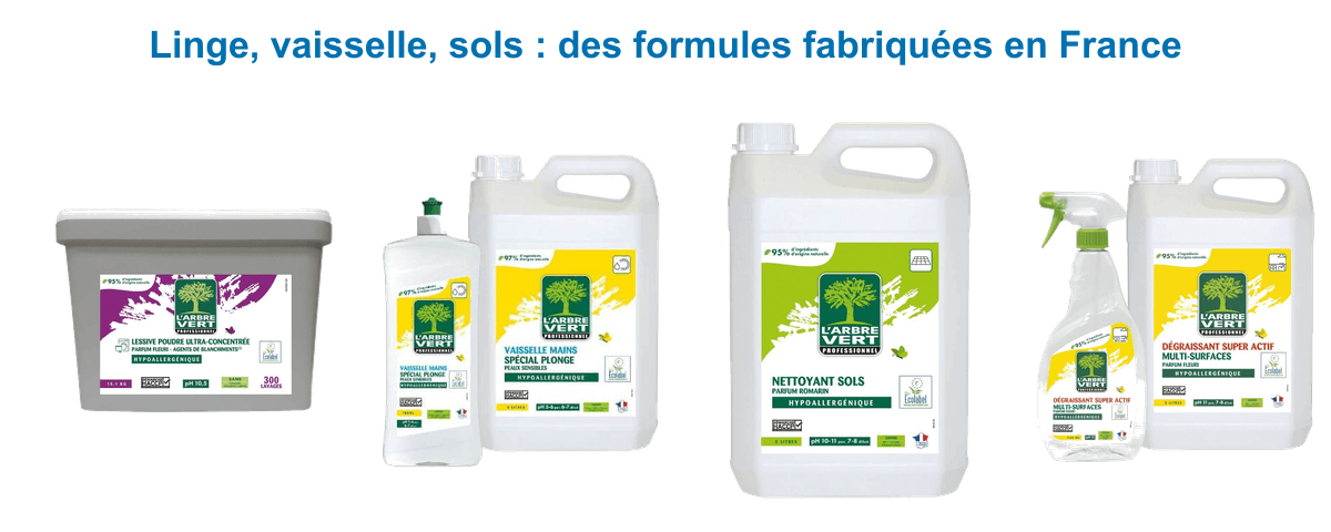 Lessive en poudre, liquide vaisselle, nettoyant sols et dégraissant L'Arbre Vert professionnel fabriqués en France
