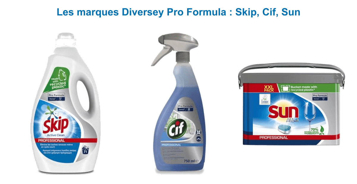 Marques Diversey Pro Formula : lessive Skip professionnelle, nettoyant Cif vitres et tablettes lave-vaisselle Sun
