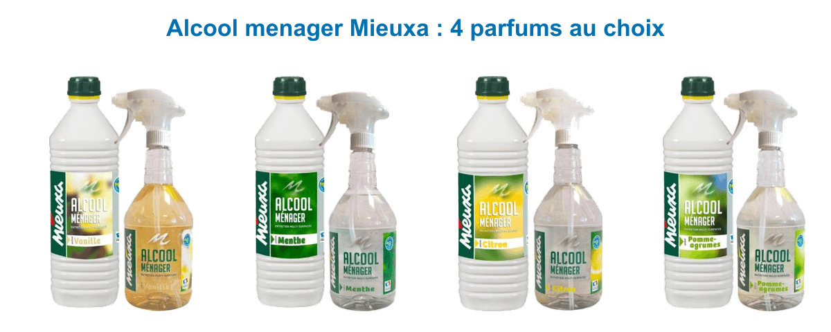 Alcool ménager parfumé Mieuxa en bouteille de 1 L : vanille, menthe, citron et pomme-agrumes