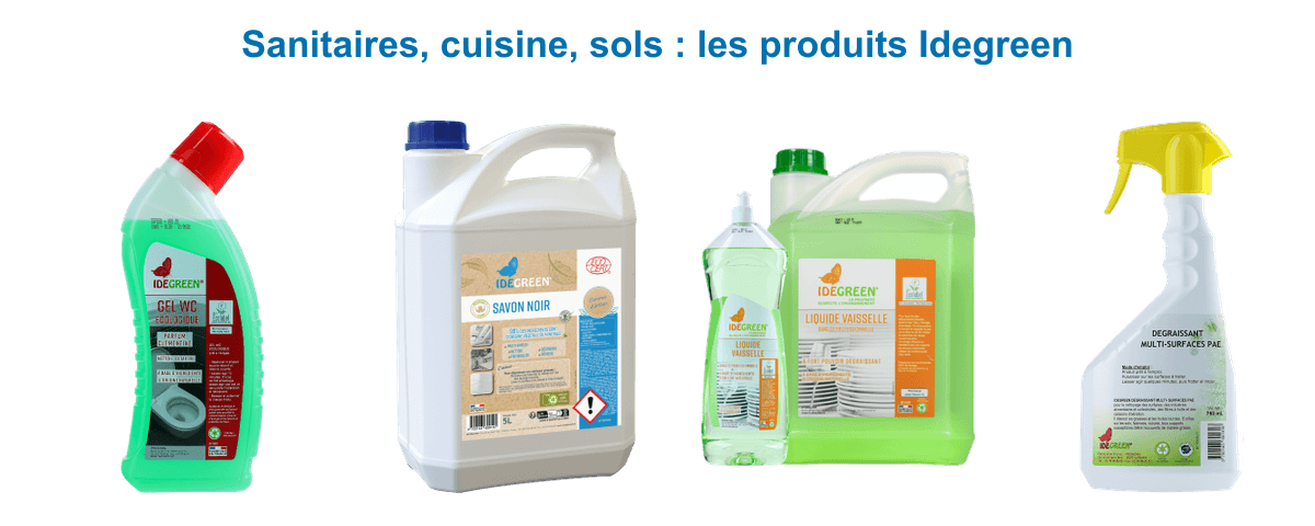 Produits Idegreen écologiques : gel WC clémentine, savon noir Respect'Home, liquide vaisselle et dégraissant cuisine multi-surfaces