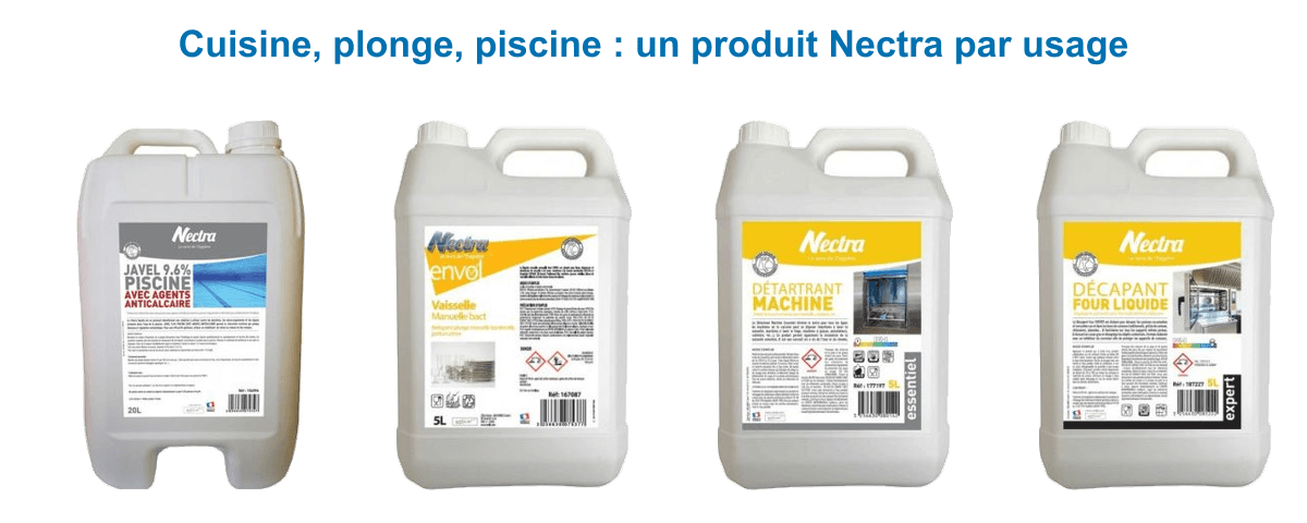 Produits Nectra par usage : javel piscine 9,6%, liquide vaisselle concentré bactéricide, détartrant machine et décapant four en bidons