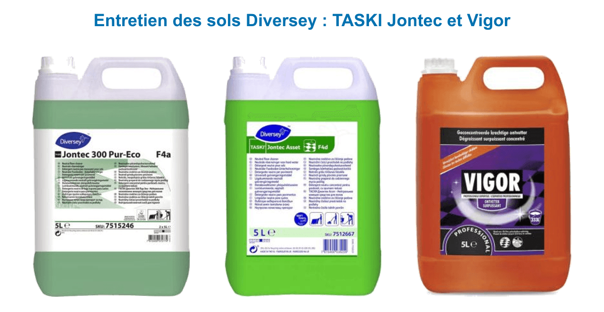 Produits Diversey pour l’entretien des sols : TASKI Jontec 300 Pur-Eco, Jontec Asset et dégraissant Vigor