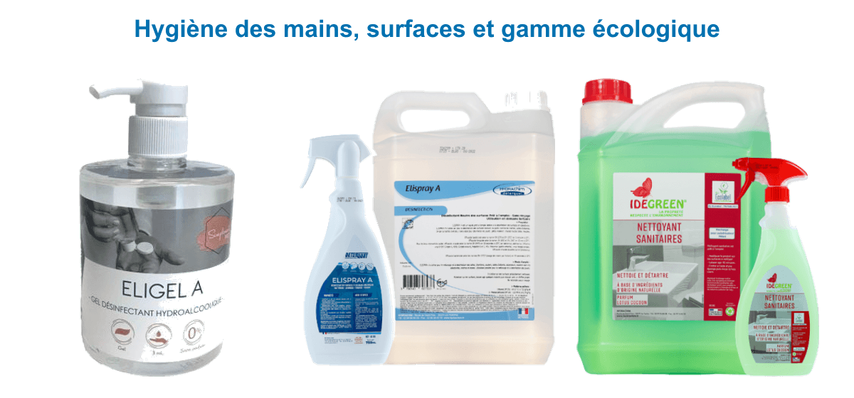 Produits Hydrachim pour l’hygiène des mains et des surfaces : gel hydroalcoolique Eligel A, Elispray A, nettoyant sanitaires Écolabel