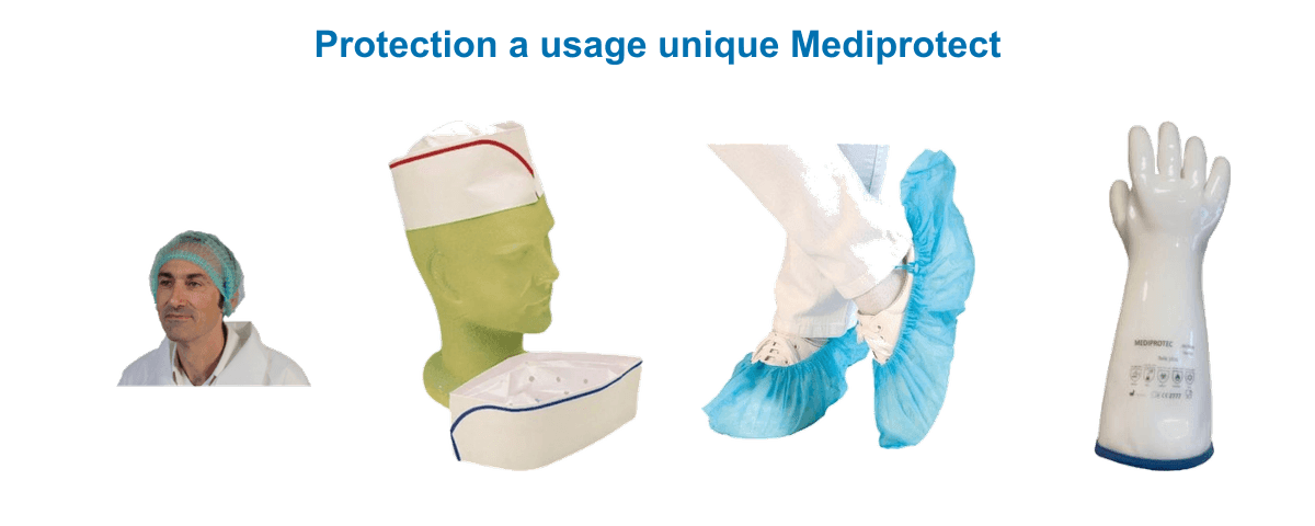 Protection à usage unique Mediprotect : charlotte jetable bleue, calot papier à liseré, surchaussures non tissées et gant longue manchette