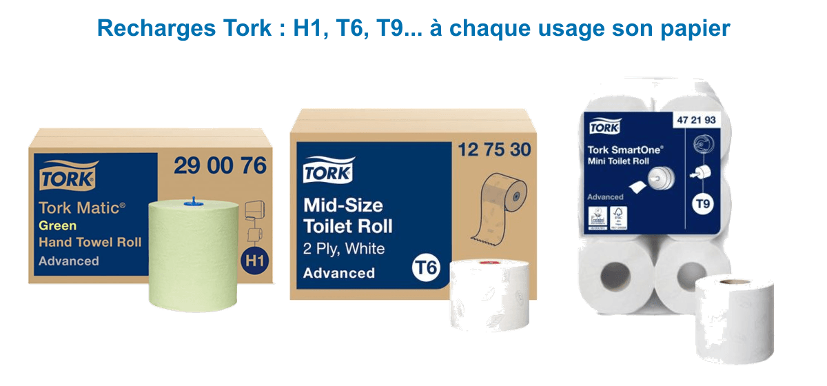 Recharges Tork H1, T6 et T9 : bobines essuie-mains et papier toilette professionnel