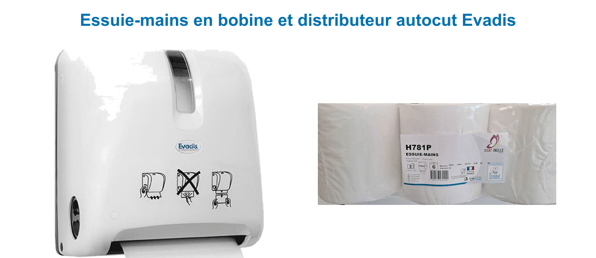 Distributeur Evadis Autocut à découpe frontale et bobines d'essuie-mains en papier 2 plis pour sanitaires professionnels
