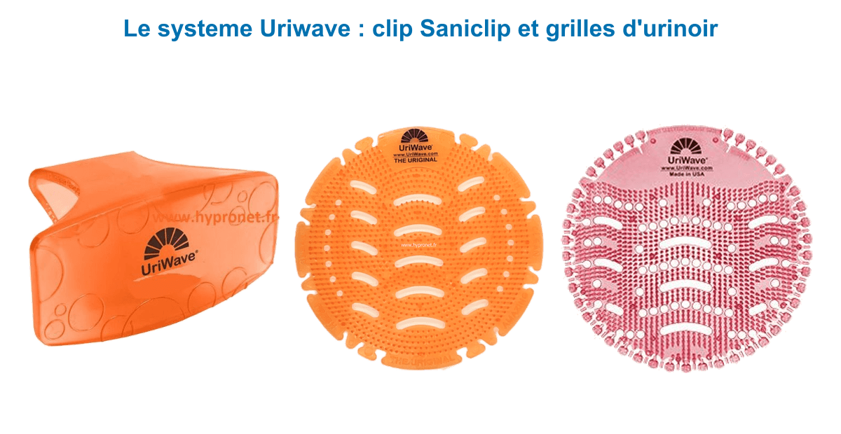 Système Uriwave : clip Saniclip Mango et grilles d'urinoir désodorisantes Mango et Tutti Frutti