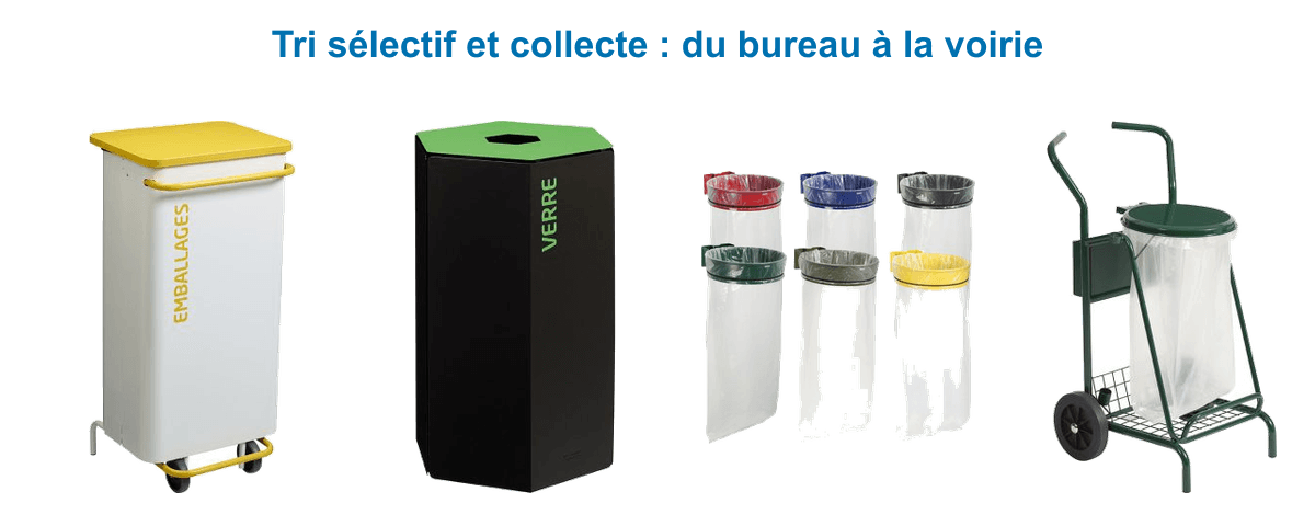 Solutions Rossignol de tri sélectif et collecte : poubelle mobile emballages, collecteur verre 50 L, support-sac mural Ecollecto et chariot de voirie
