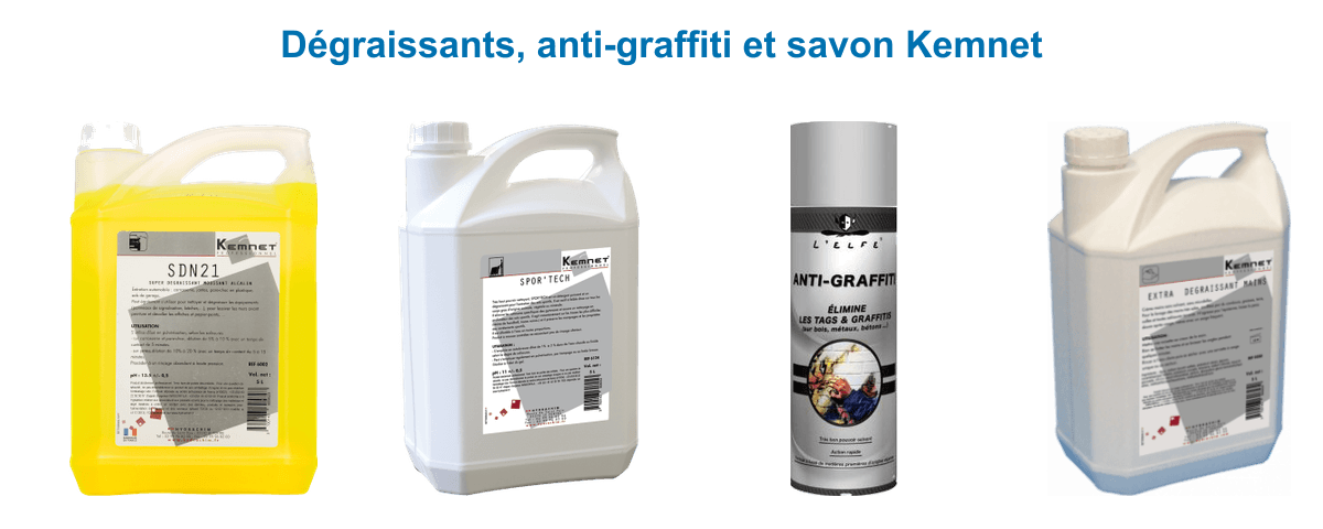 Produits Kemnet : super dégraissant moussant SDN21, dégraissant sols sportifs Spor Tech 5 L, anti-graffiti aérosol et savon mains extra dégraissant