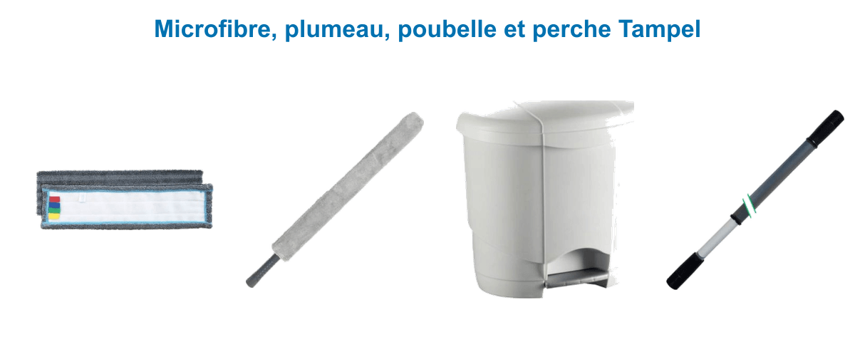 Accessoires Tampel : frange microfibre fine, plumeau flexible à housse microfibre, poubelle à pédale Lolly 4 L et perche télescopique