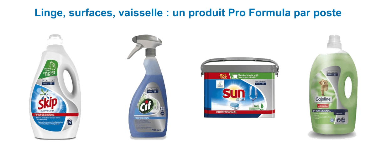 Produits Pro Formula par usage : lessive Skip pour le linge, spray Cif pour les surfaces, tablettes Sun pour la vaisselle, adoucissant Cajoline