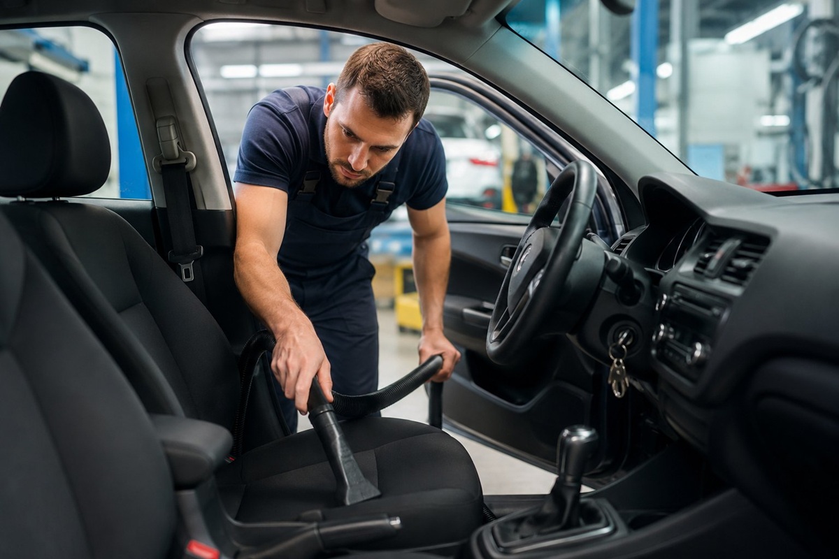Garagiste passant l'aspirateur dans une voiture